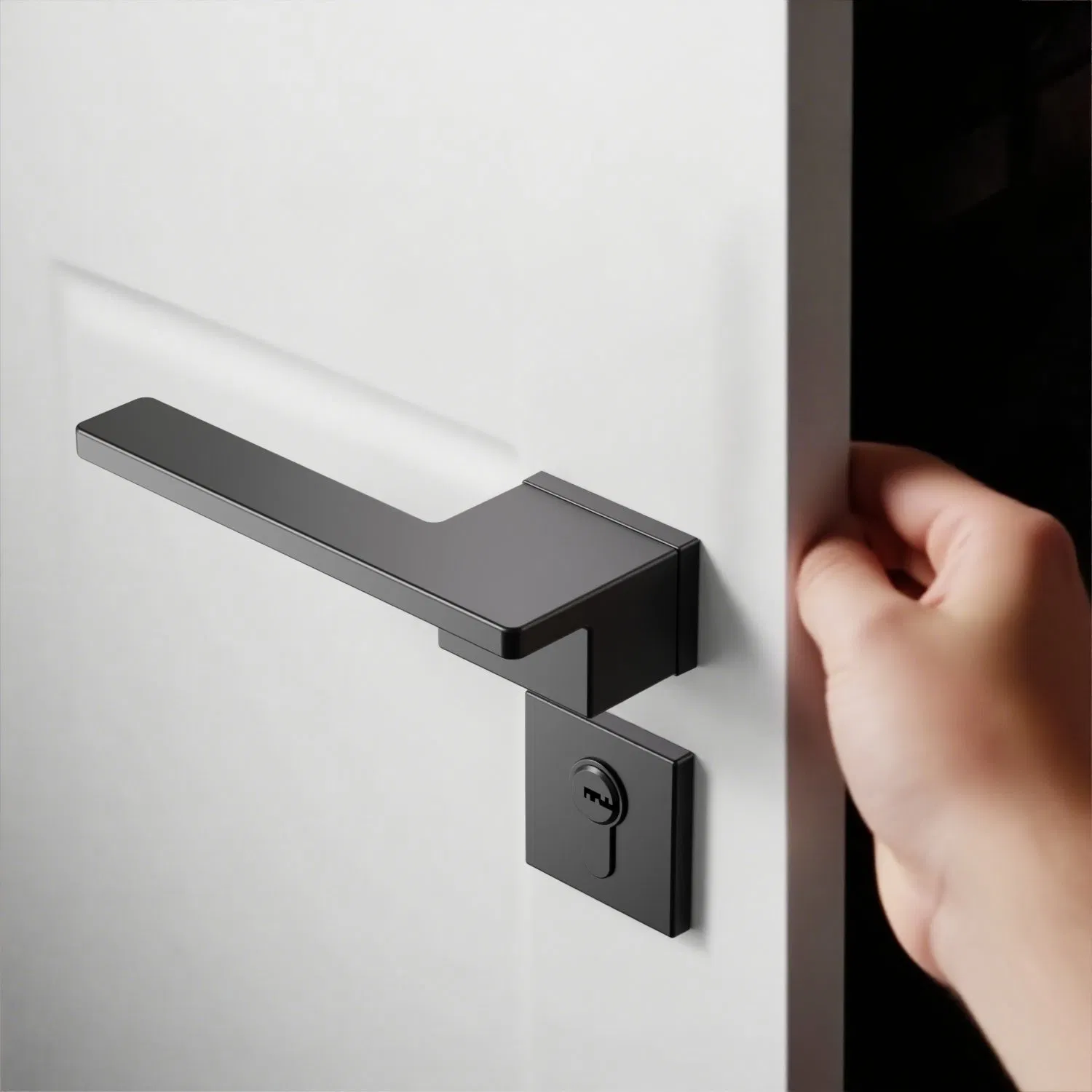Factory Original Customized Modern Matte Black Square Rosette Lever Door Handle with Geometric Lever Design for Interior Wooden Doors OEM/ODM