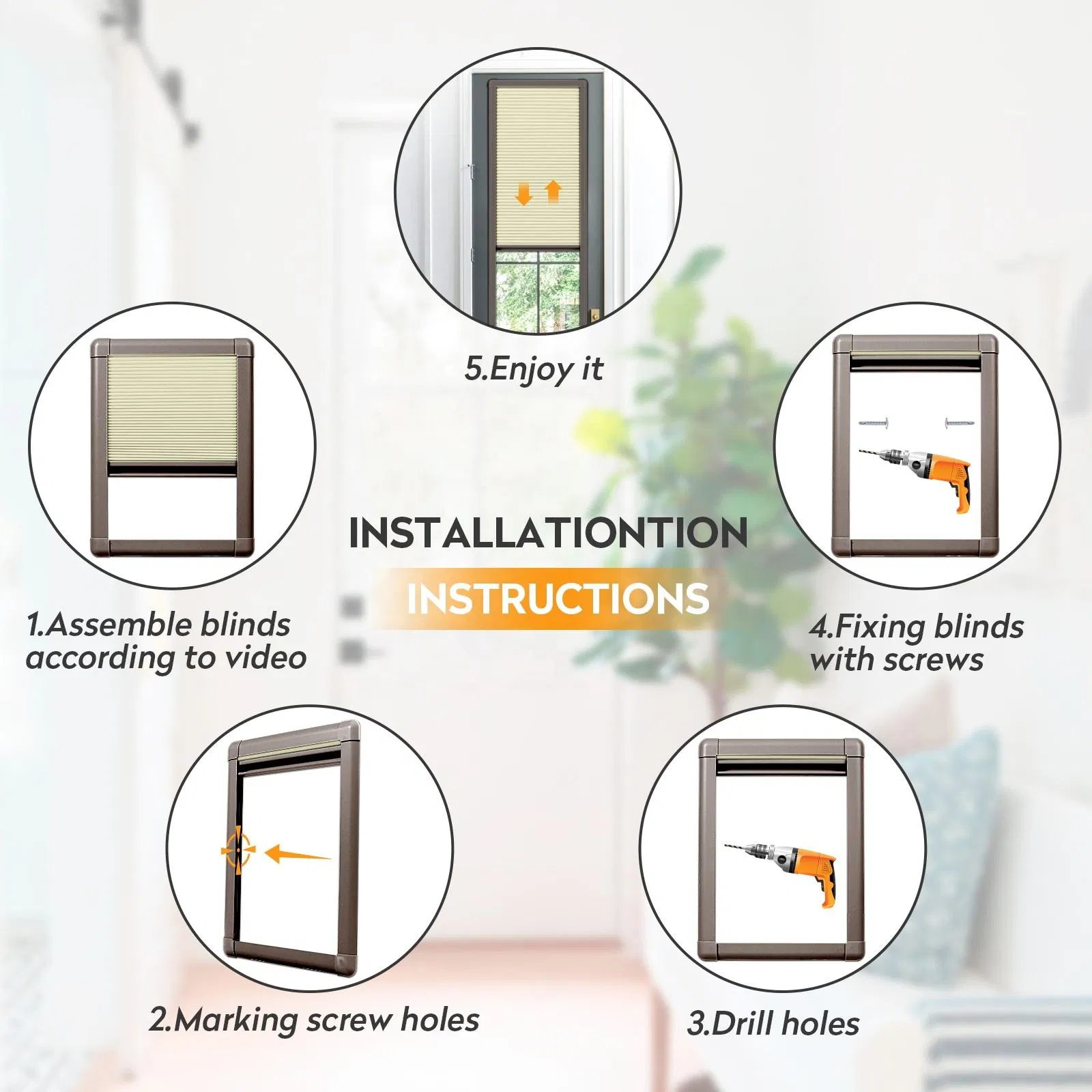 Cordless Cellular Shades Interior Inside Open Built -in Window Honeycomb Spring Blinds with Frame for French Door