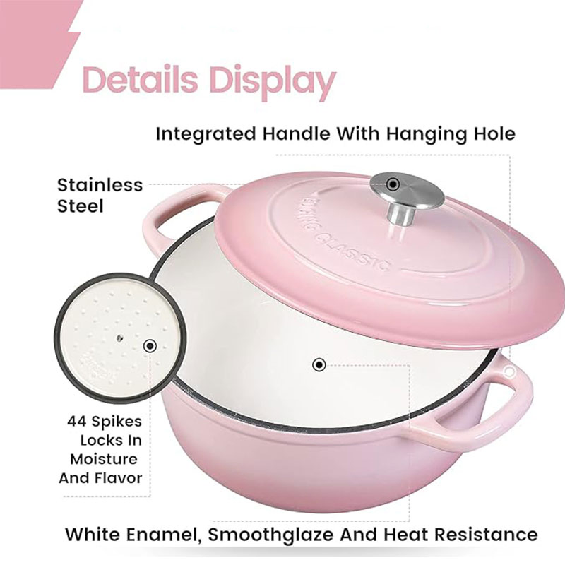 Enameled Cast Iron Covered Dutch Oven with Dual Handle, 2.8 Quart, Pink