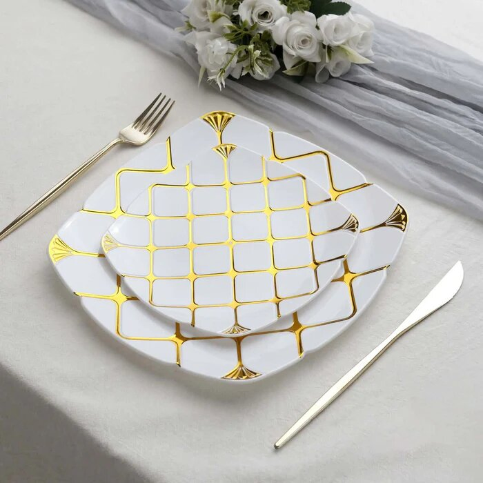 Elegant 7 Inch Square Dinner Plates with Gold Checkered Design