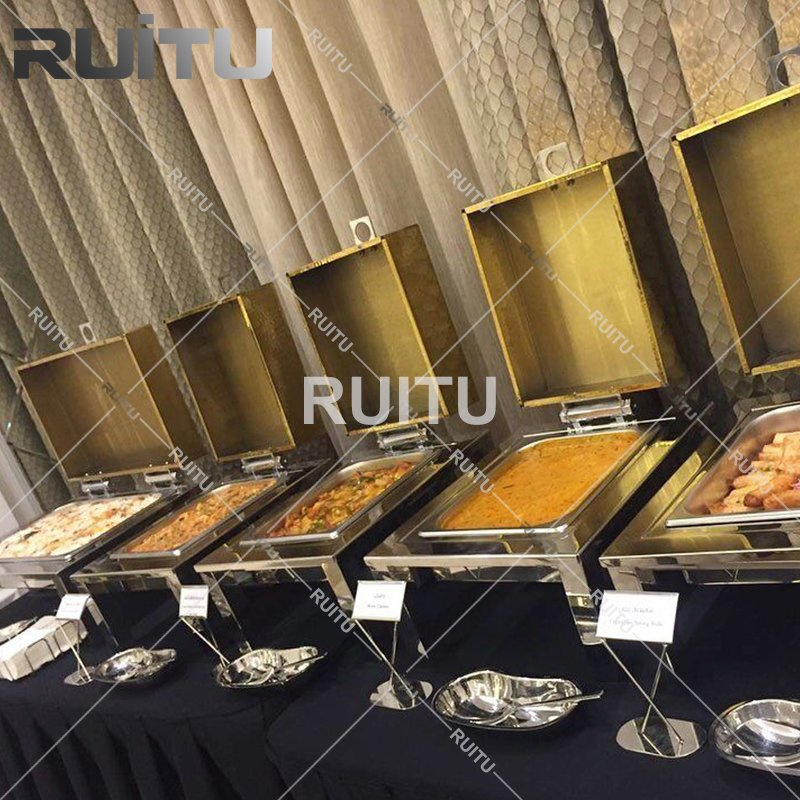 Chaffing Dishes Supplier Oblong Hydraulic Glass Window Stainless Steel Luxury Golden Hammered Kitchenware Hotel Dual Restaurant Buffet Stove Serving Utensils
