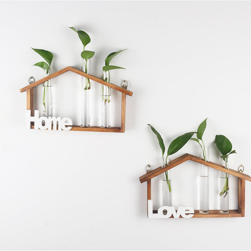 Wooden Stand Wall Hanging Planters with 3 Hydroponic Plant Glass Vase for Home Office