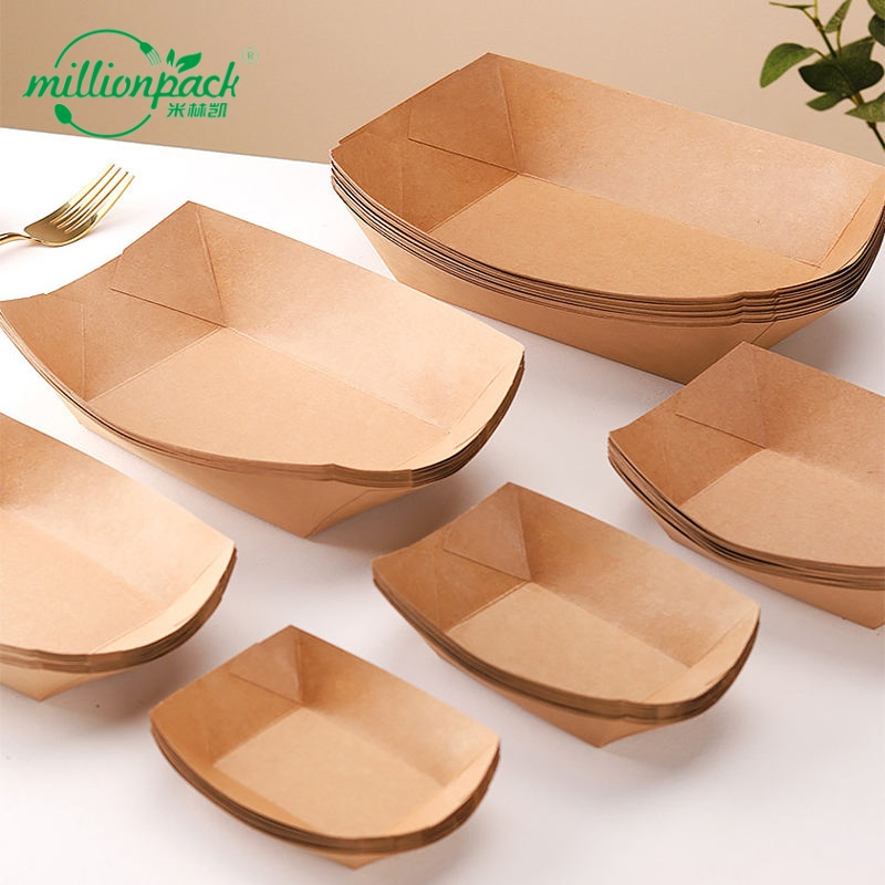 Biodegradable Kraft Paper Food Tray Embossed French Fries Boat Container