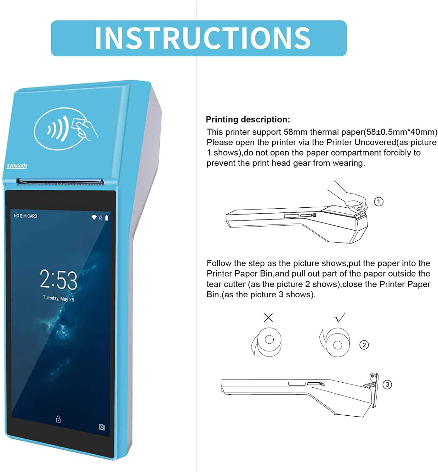 Android 4G Smart POS System 58mm Built-in Receipt Printer 2+16g Smart Handheld POS