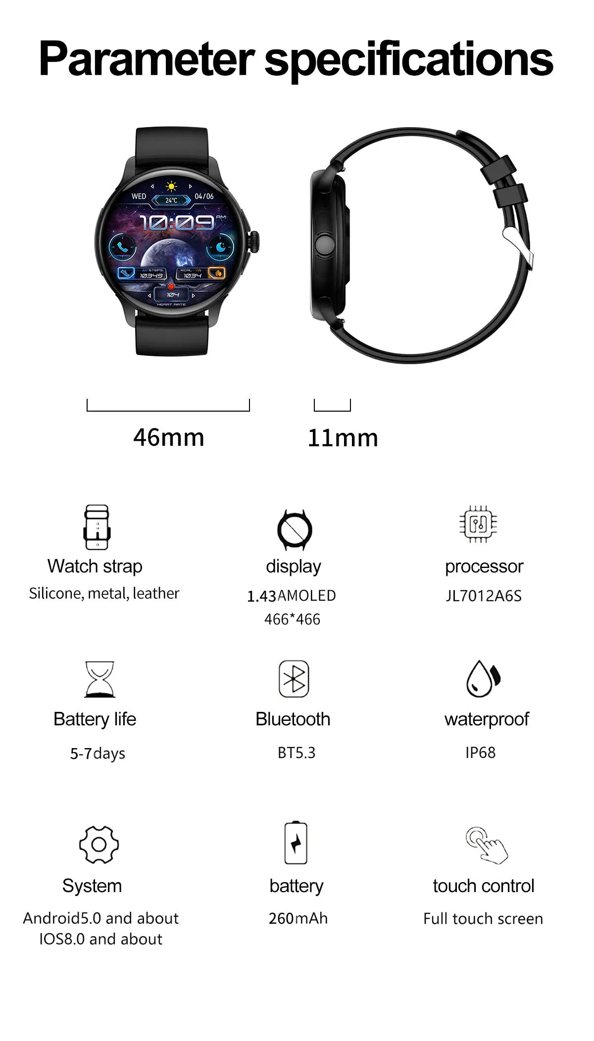 1.43 Inch Amoled Full Touch IP67 260mAh BLE 5.0 Wireless Call Fashion Reloj Inteligente NFC Smartwatches
