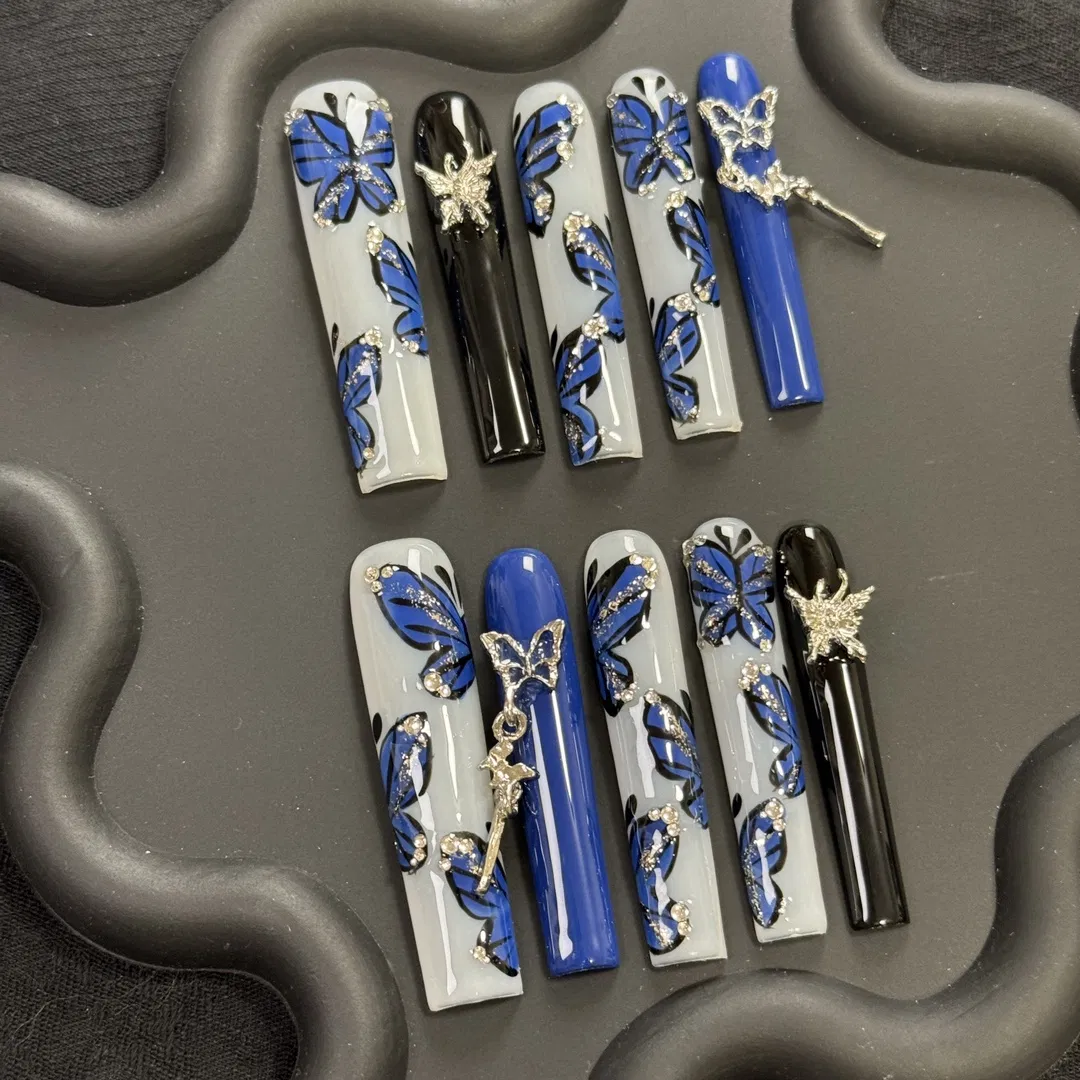 Blue Butterfly Fake Nail Long Coffin False Nail French Tip Press on Nails Acrylic Nails Press on Nails