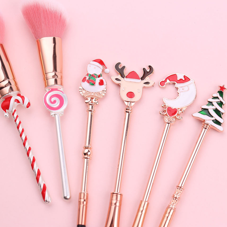Christmas Makeup Brush Set 6 PCS Gold Festive Design Cruelty-Free Synthetic Multi-Functional Face Eye Gift Box