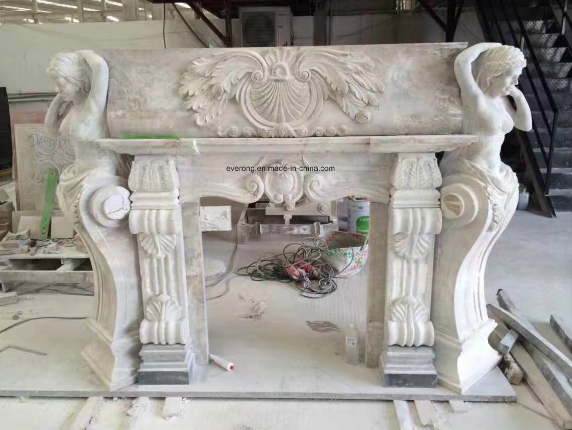 Natural Handcarving Stone Fireplace with White/Beige Marble