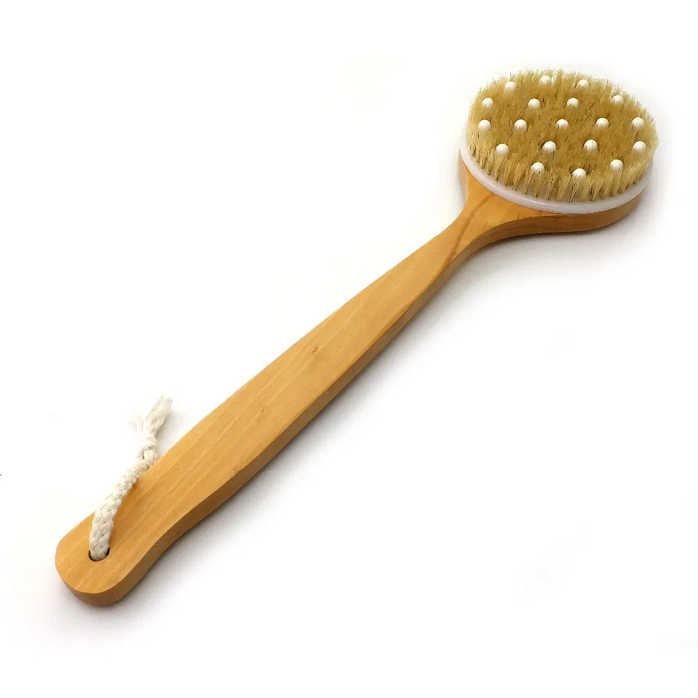 Premium Wooden Long Handle Body Scrubber Dry Bath Brush with Massage Heads for Back Scrubber and Massage