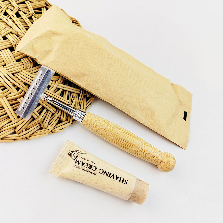 Eco-Friendly Natural Bamboo Handle Razor with 10g Wheat Bran Shaving Cream.