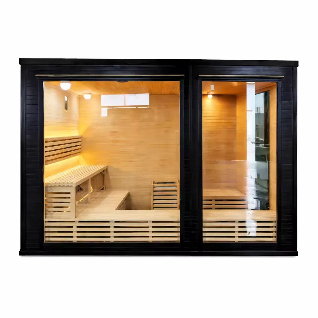 Traditional Custom Outdoor Sauna Room with Electric Steam and Glass Wall