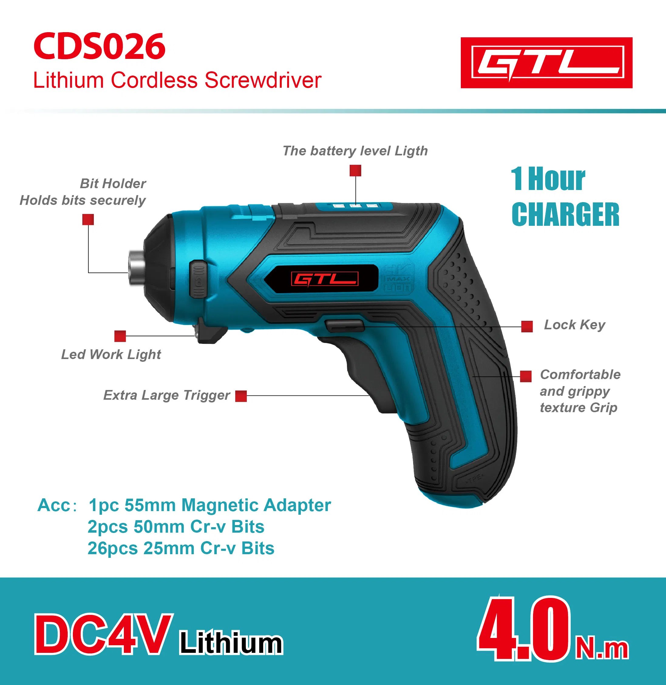 Cordless Screwdriver, Lithium Screwdriver with Integrated 4 V Lithium-Ion Battery (CDS026)