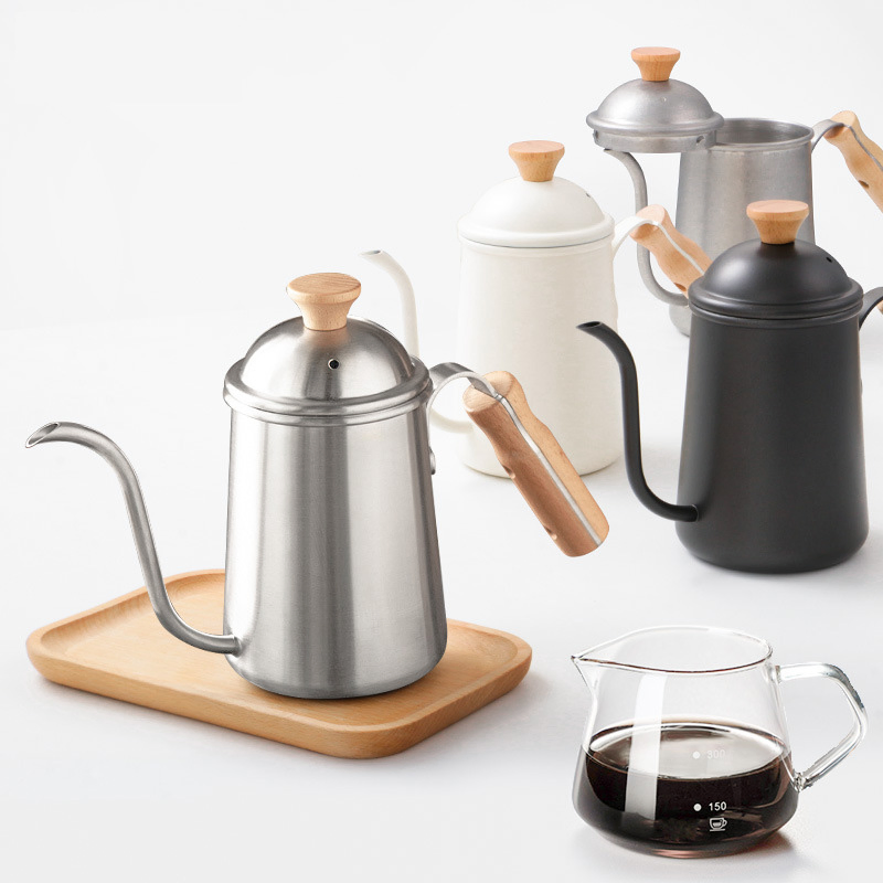 650ml High Quality Elegant Gooseneck Pour Over Tea Pot Kitchen Stainless Steel Drip Coffee Kettle with Wooden Handle