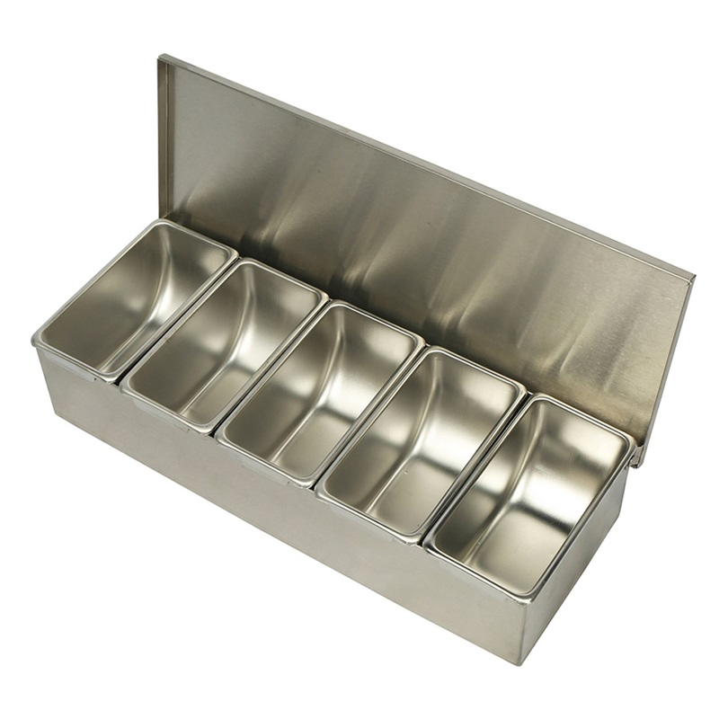 Hot Commercial Kitchen Metal Caddy Condiment Container Set with 5 Divider