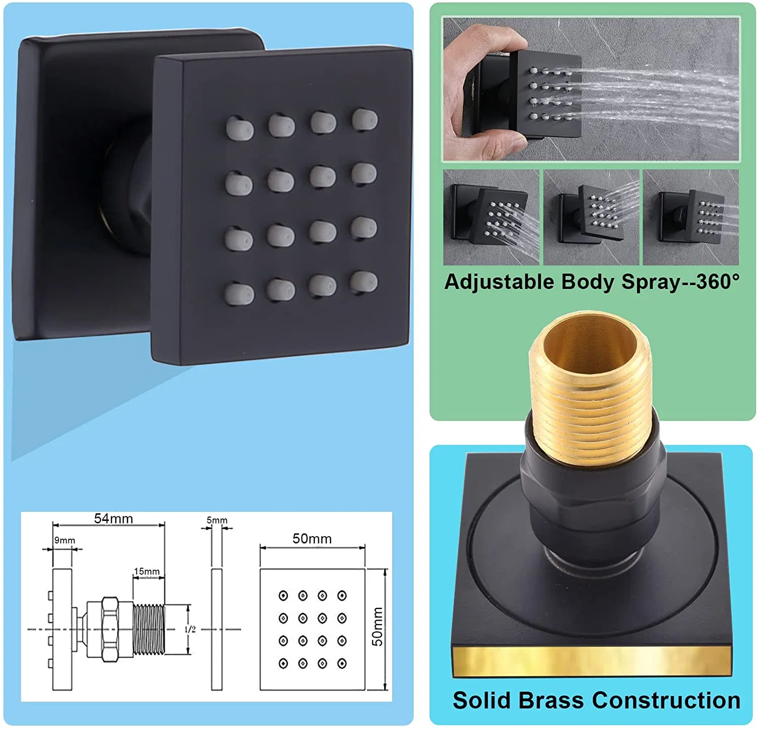 12 Inch Black Rainfall Shower Head Set with Hand Shower and Jet