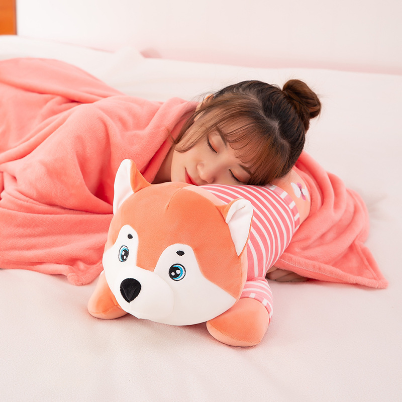 Soft Stuffed Plush Husky Dog Toy Kids Cushion with Flannel Blanket