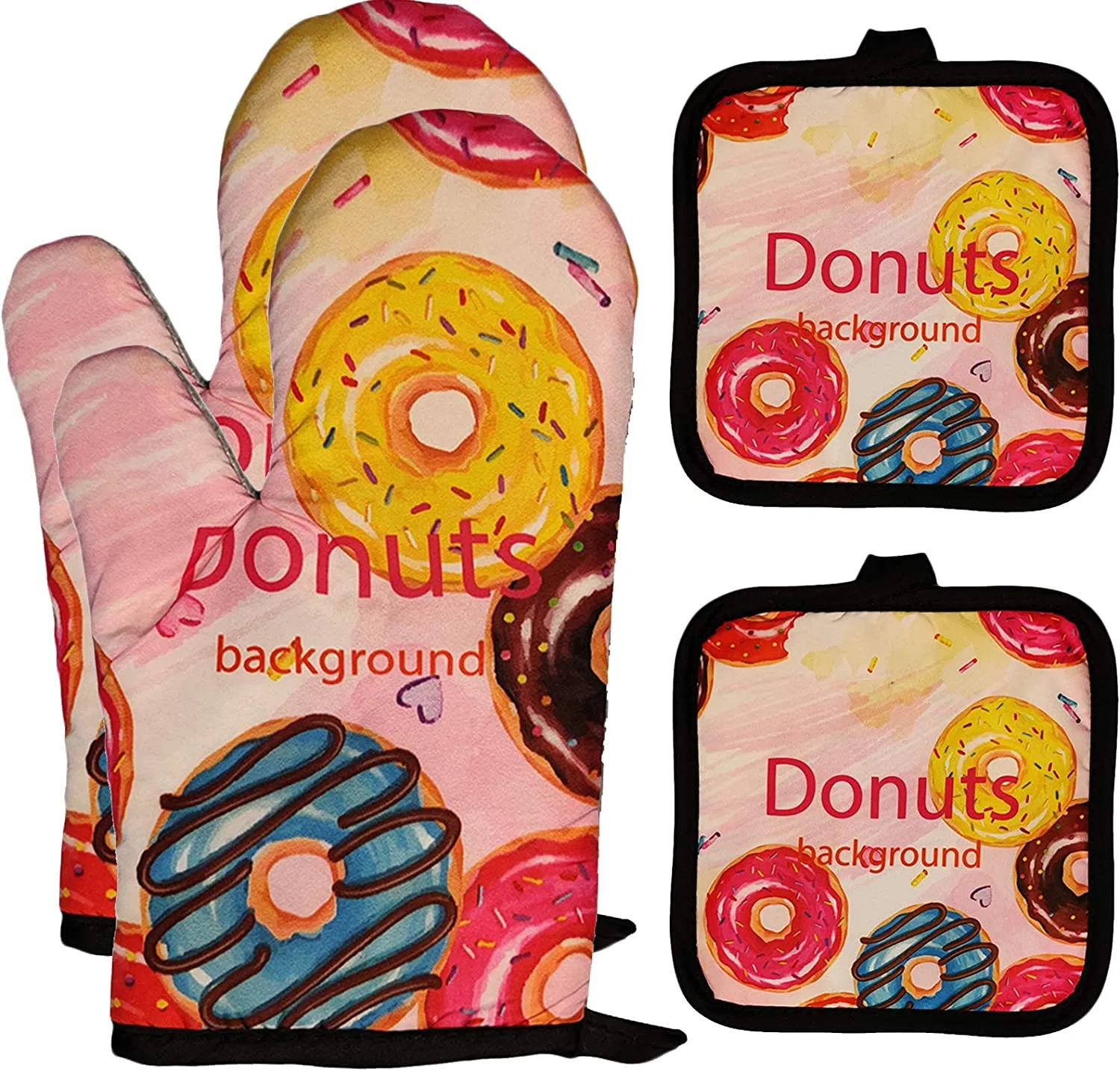 Donut Background Oven Gloves and Pot Rack Set of 4