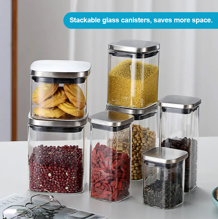 500ml/800ml/1100ml/1400ml/2000ml/2400ml Consing Square Borosilicate Glass Canister with Stainless Steel Lids, Kitchen Food Glass Airtight Sealed Glass Jar
