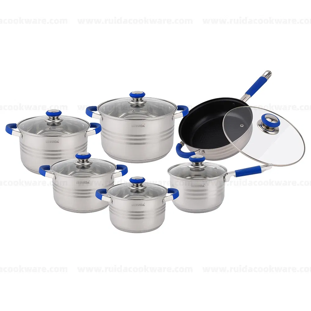 Factory Recommendation 12PCS Stainless Steel Blue Silicone Handle Cookware Set