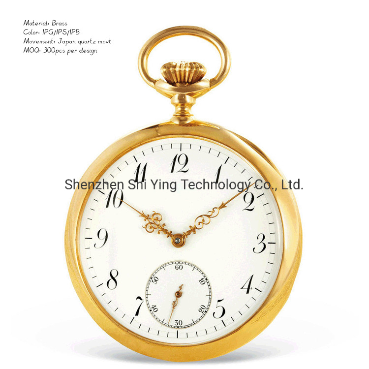 Custom Made Quality Japan Brass Engraved Gold Quartz Pocket Watch with Chain