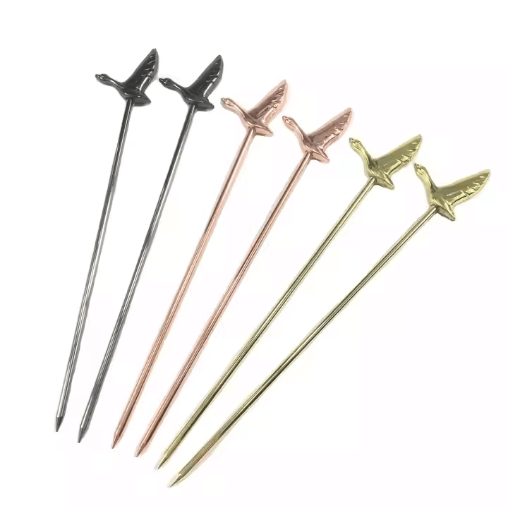 3D Moulded Logo Stainless Steel Cocktail Pick Metal Silver Golden Copper Fruit Pick Reusable Drink Martini Food Picks for Corralejo