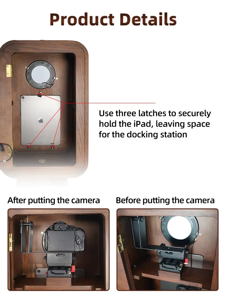 12.9'' iPad DSLR Double Sided Vintage Wooden Photobooth with 15.6'' Touch Digital iPad Photo Booth Shell