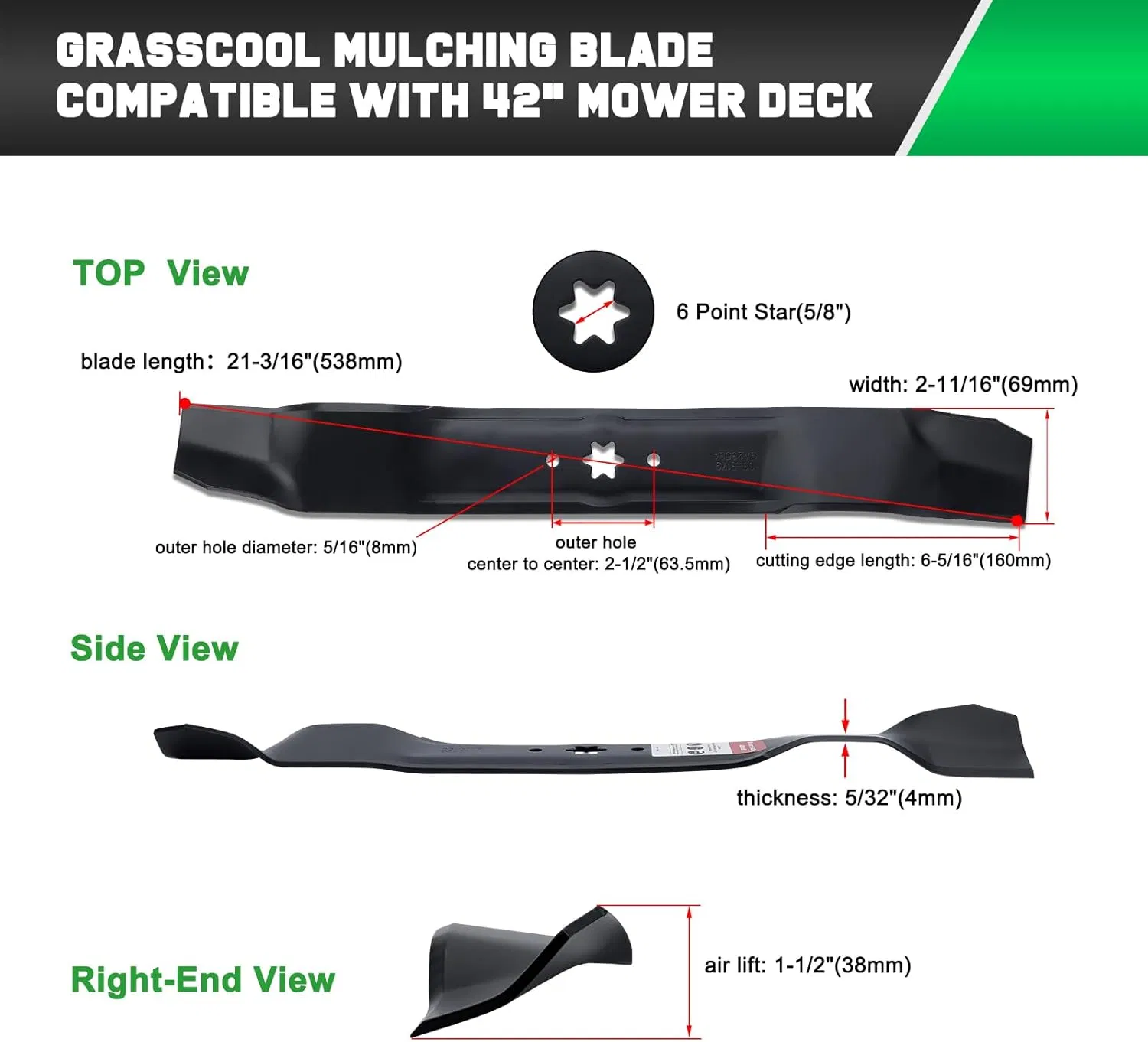 42 Inch Mulching Blades for Cub Cadet Mtd Troy Bilt Bronco 42" Deck Replace 942-0616A 742-0616A 742-0616 942-0616 742-04126 6 Point Star