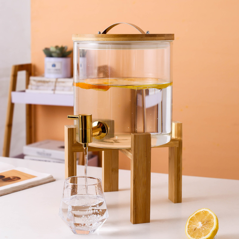 Elegant Large Glass Wine Barrel with Wooden Stand and Metal Tap