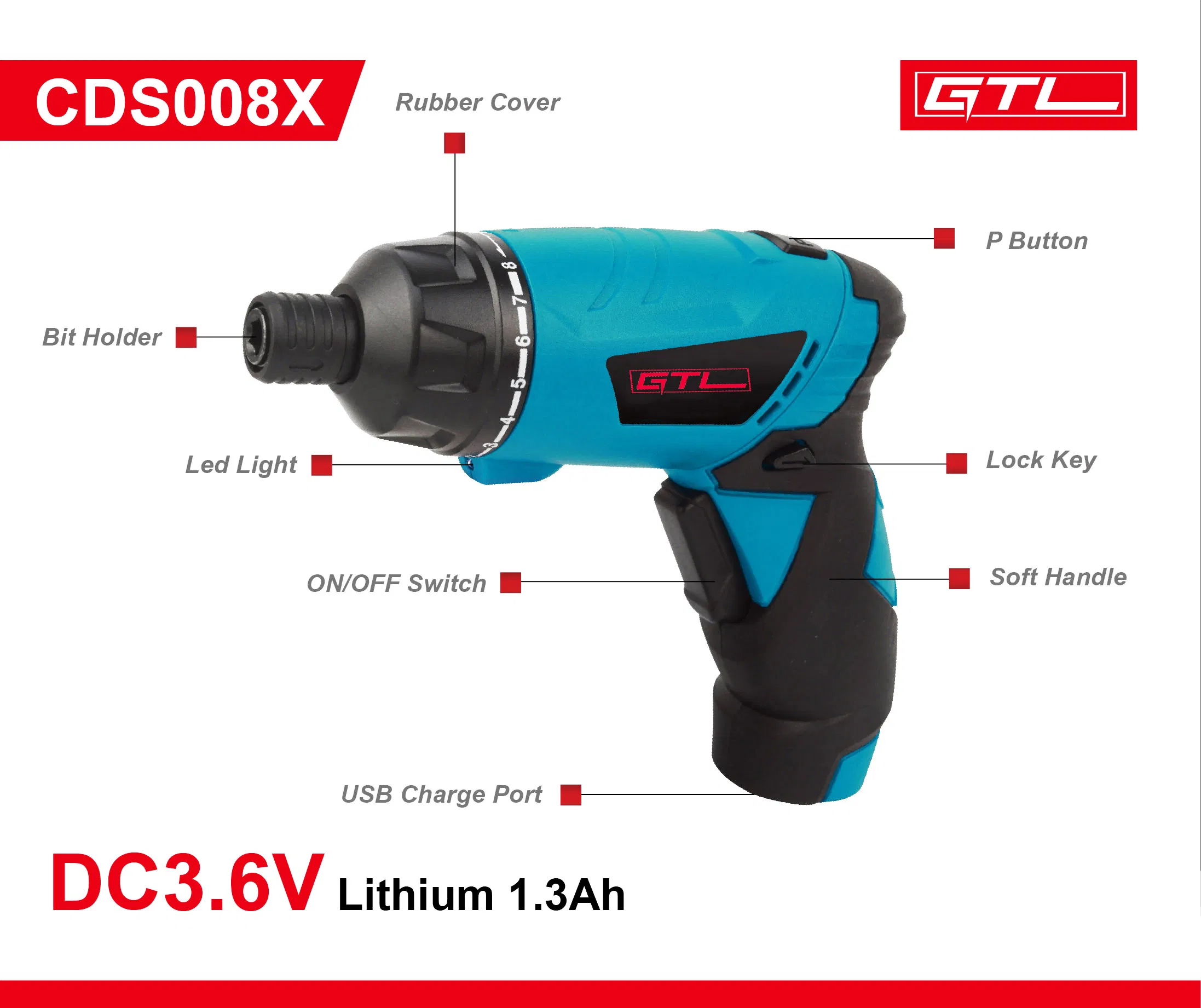 Lithium Cordless Screwdriver with LED Light 3.6V 1300mAh Rechargeable Battery (CDS008X)
