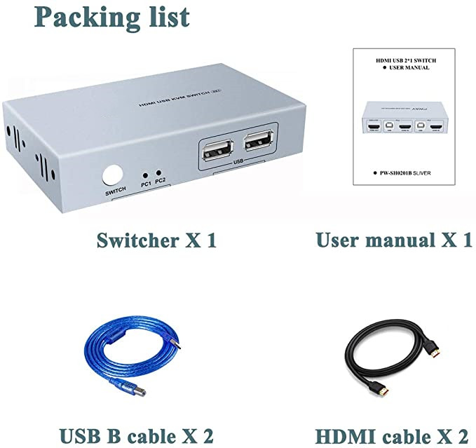 KVM-переключатель HDMI 2x1, 4K 30 Гц, без питания