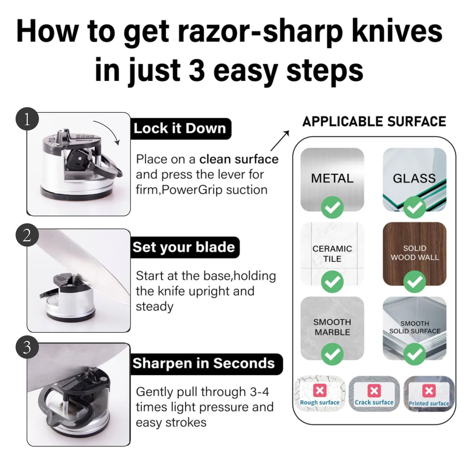 Sliver Knife Sharpener Powergrip Suction Base 200X Force Increase Mini Size Fast 3 Step Sharpening for Most Kitchen Knives Tool