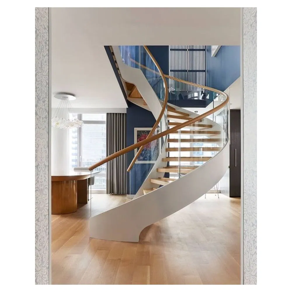 Orient European Popular Stairs Steel Side Plate Stringer Glass Railing Curved Staircases