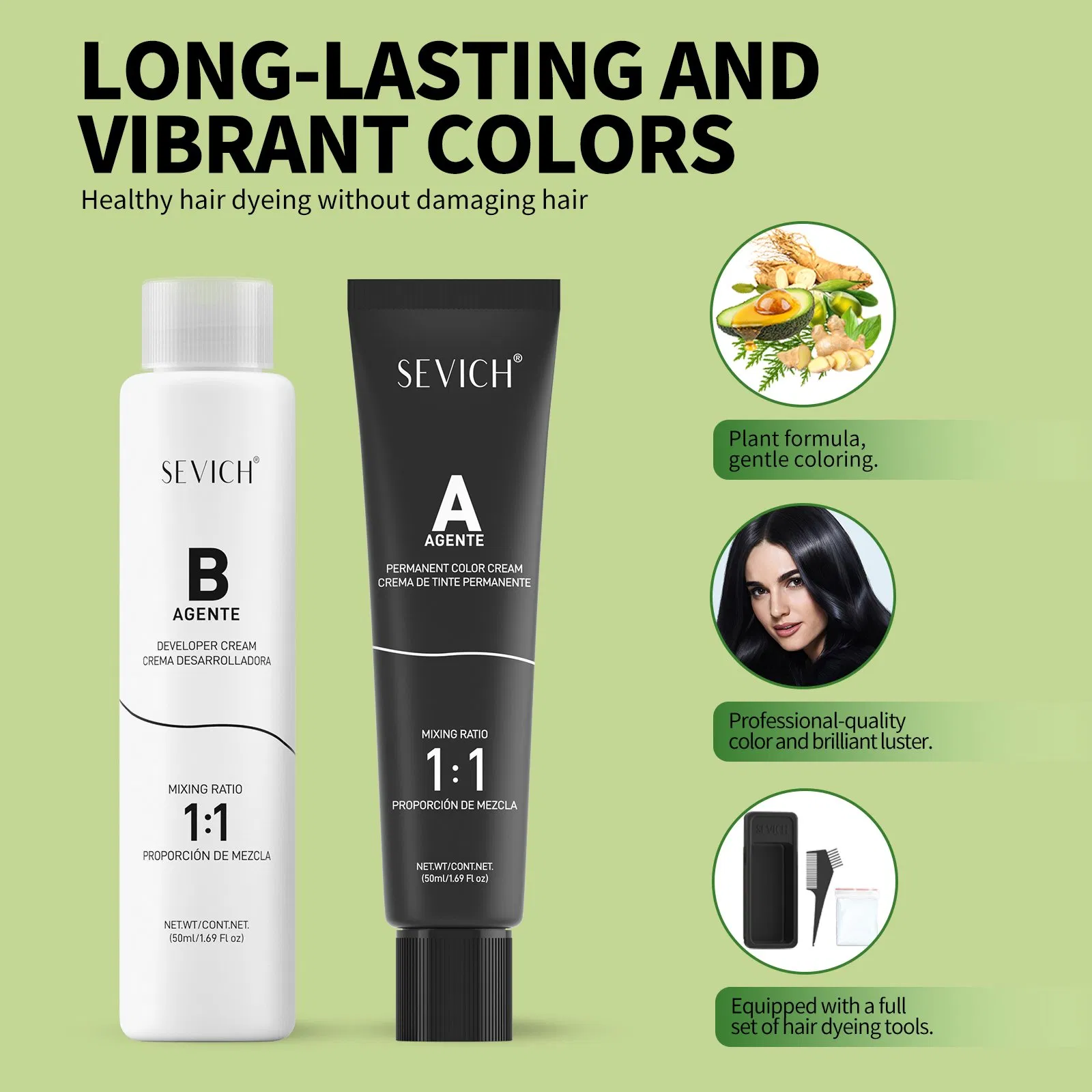 Sevich 50ml Black Hair Cream Private Label Permanent Cover White Grey Hair to Black Dye Color Cream Treatment