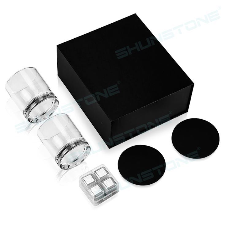 Modern Clear Crystal Whiskey Glass Gift Set with Whiskey Stones and Leather Coaster Magnetic Gift Box