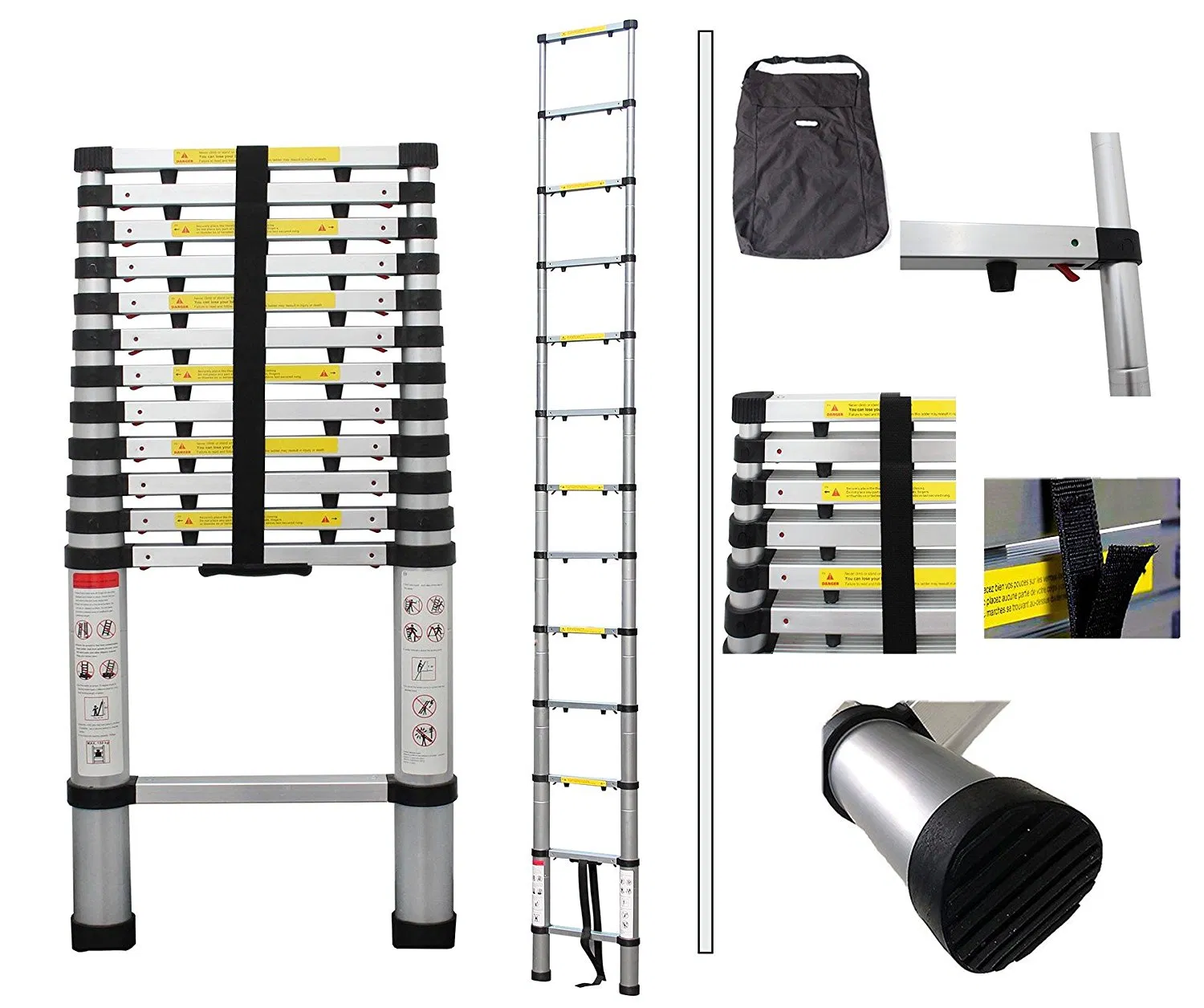 12.5 Feet Aluminum Telescopic Extension Ladder En131 Certified Extendable Wih Spring Load Locking Mechanism Non-Slip 330 Lb Max Capacity