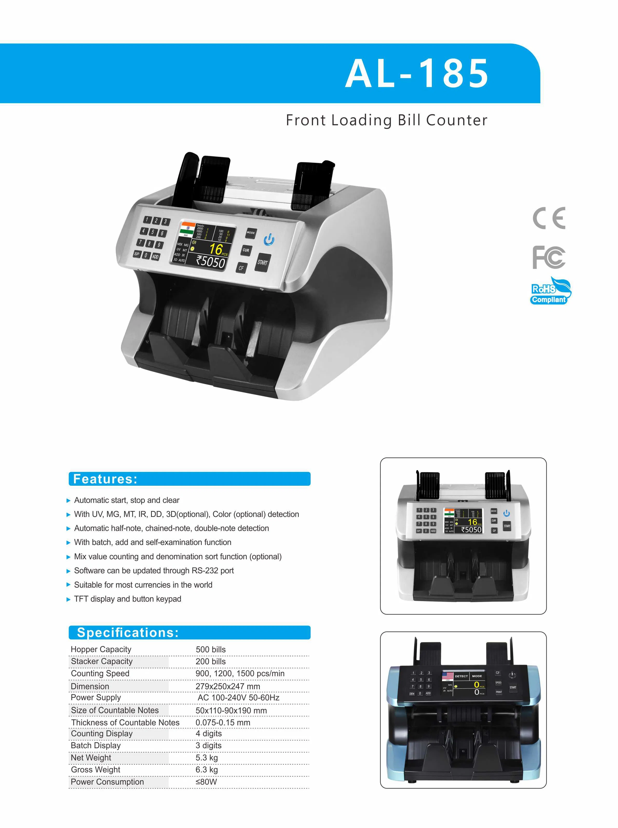 Mixed Bill Counter Machine/ Front Loading Note Counter