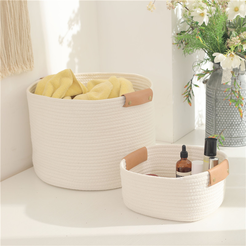 Wholesale Cotton Rope Woven Leather Handle Household Laundry Basket