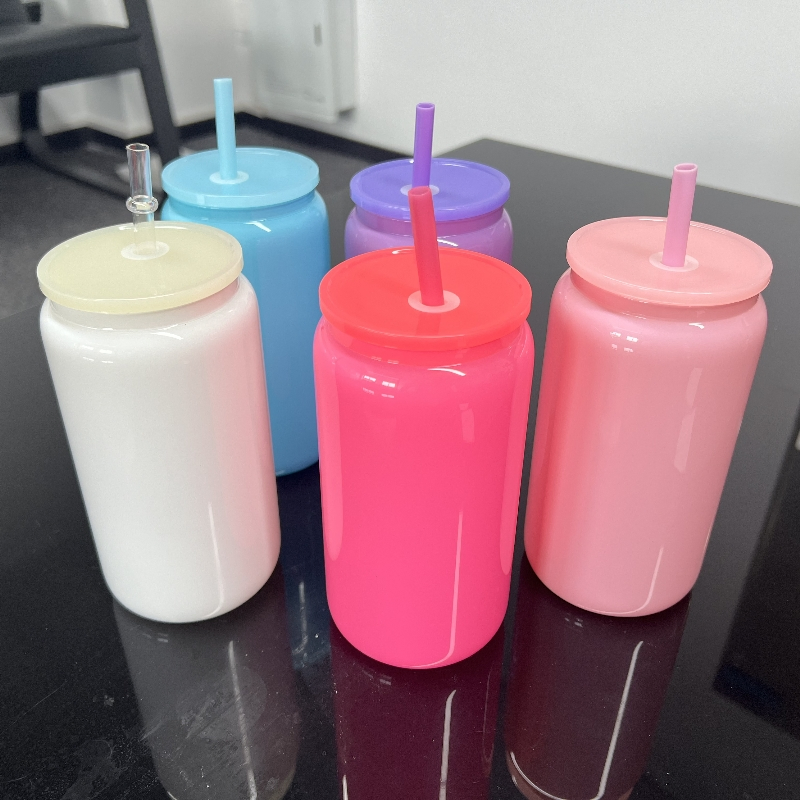 16oz Recyclable Glossy Colored Can Glass Beer Cold Drink Can with Clear Plastic Straw for UV Dtf Wraps