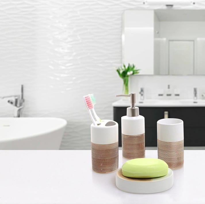 Luxury 4-Piece Bathroom Set: Soap Dispenser, Toothbrush Holder, Tumbler