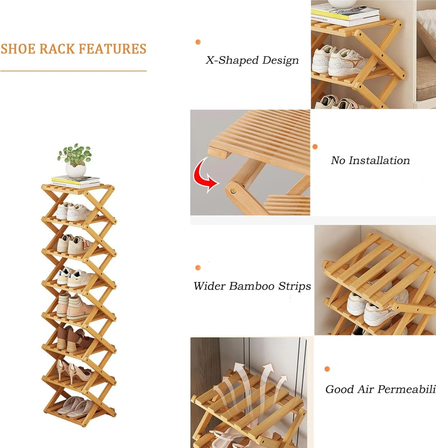Bamboo Made Modern Minimalist Foldable Multi-Layer Living Room Bedroom Bamboo Shoe Rack