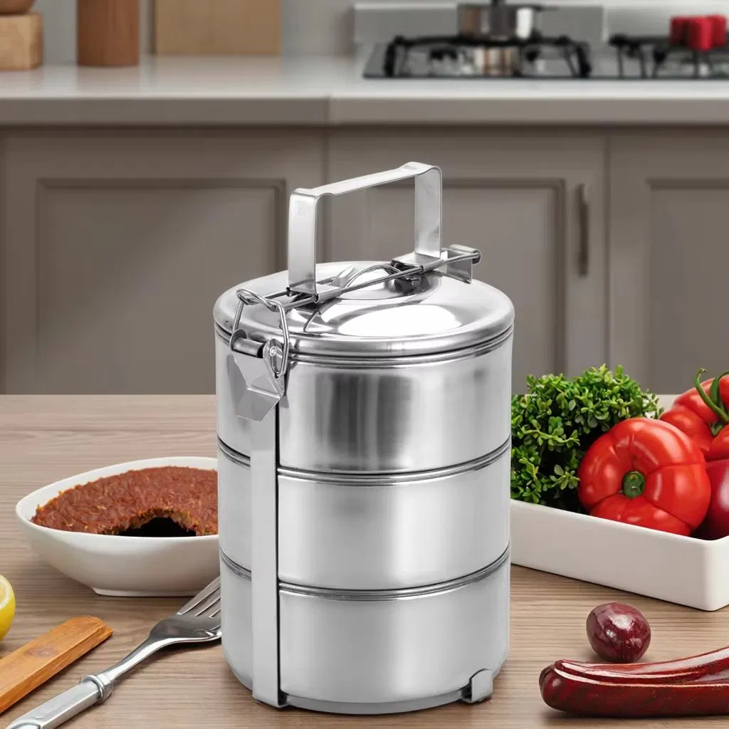 Single Wall Stainless Steel Portable Bento Lunch Box 3 Tier Tiffin Food Carrier with 3 Pans for Work or School