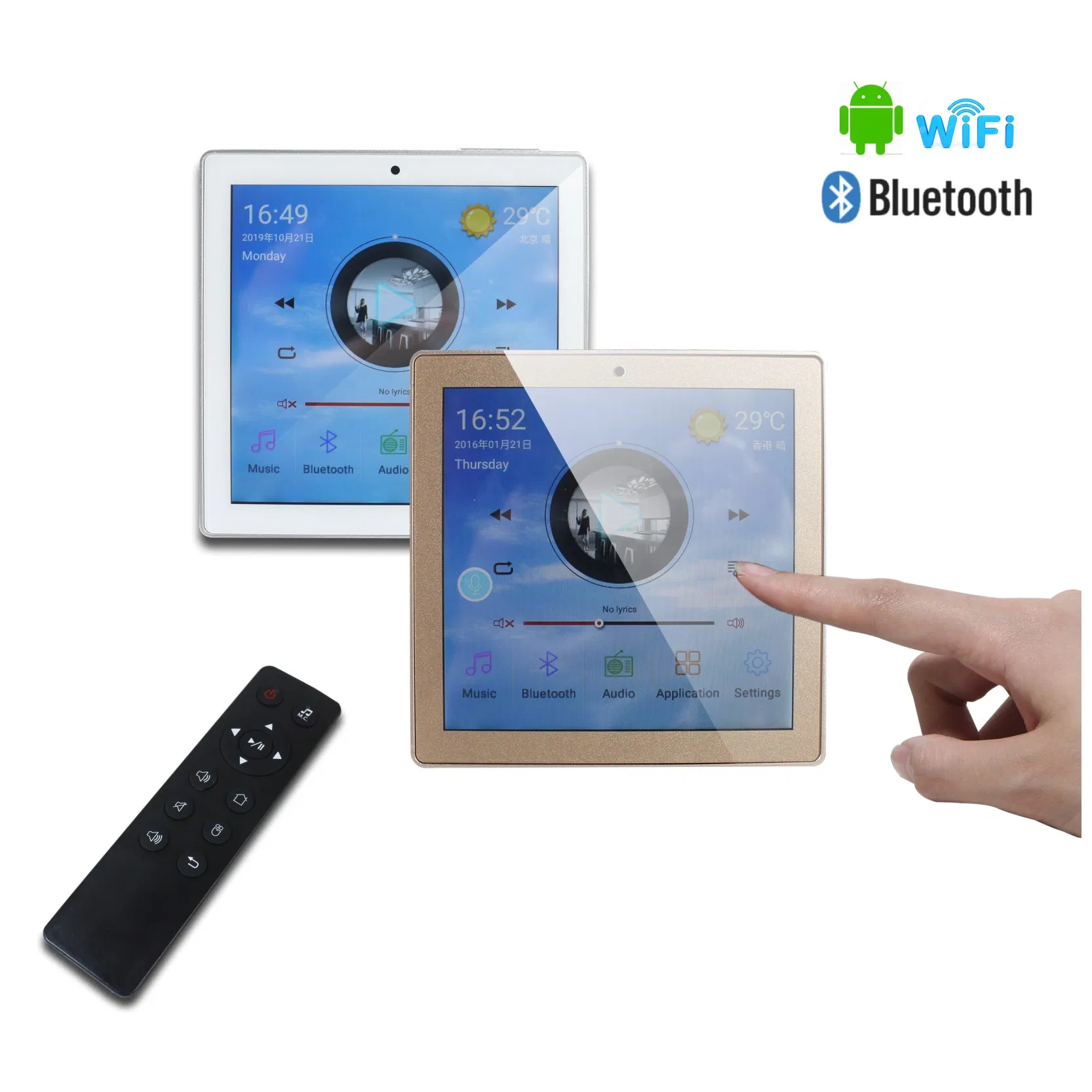 Android Home Audio System Touch Screen 2*25W Wireless Inwall Digital Amplifier with Bluetooth, WiFi, SD Card, Support 2-4 Speakers