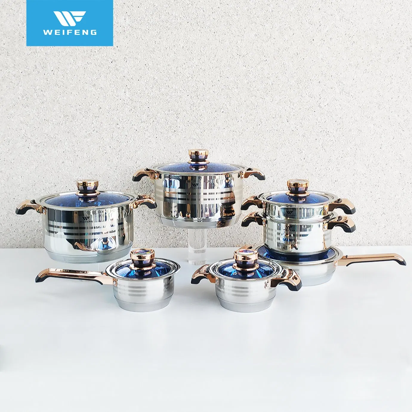 Wholesale Custom Wide Edge Stainless Steel Cookware Set with Gold-Plated Thermometer Knob