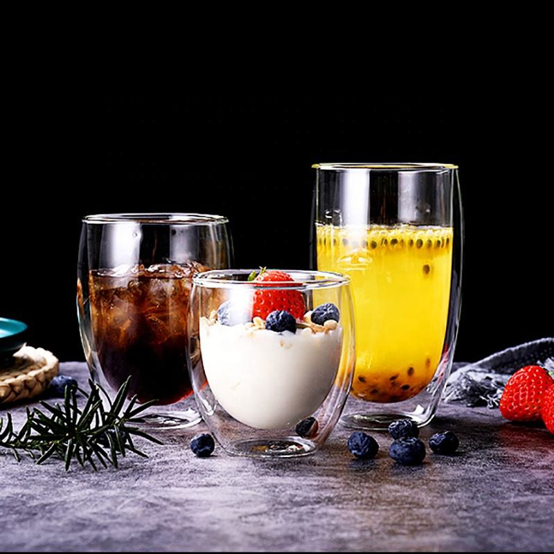 Customized Logo Transparent Tea Cups Double Wall Borosilicate Glass Coffee Cup