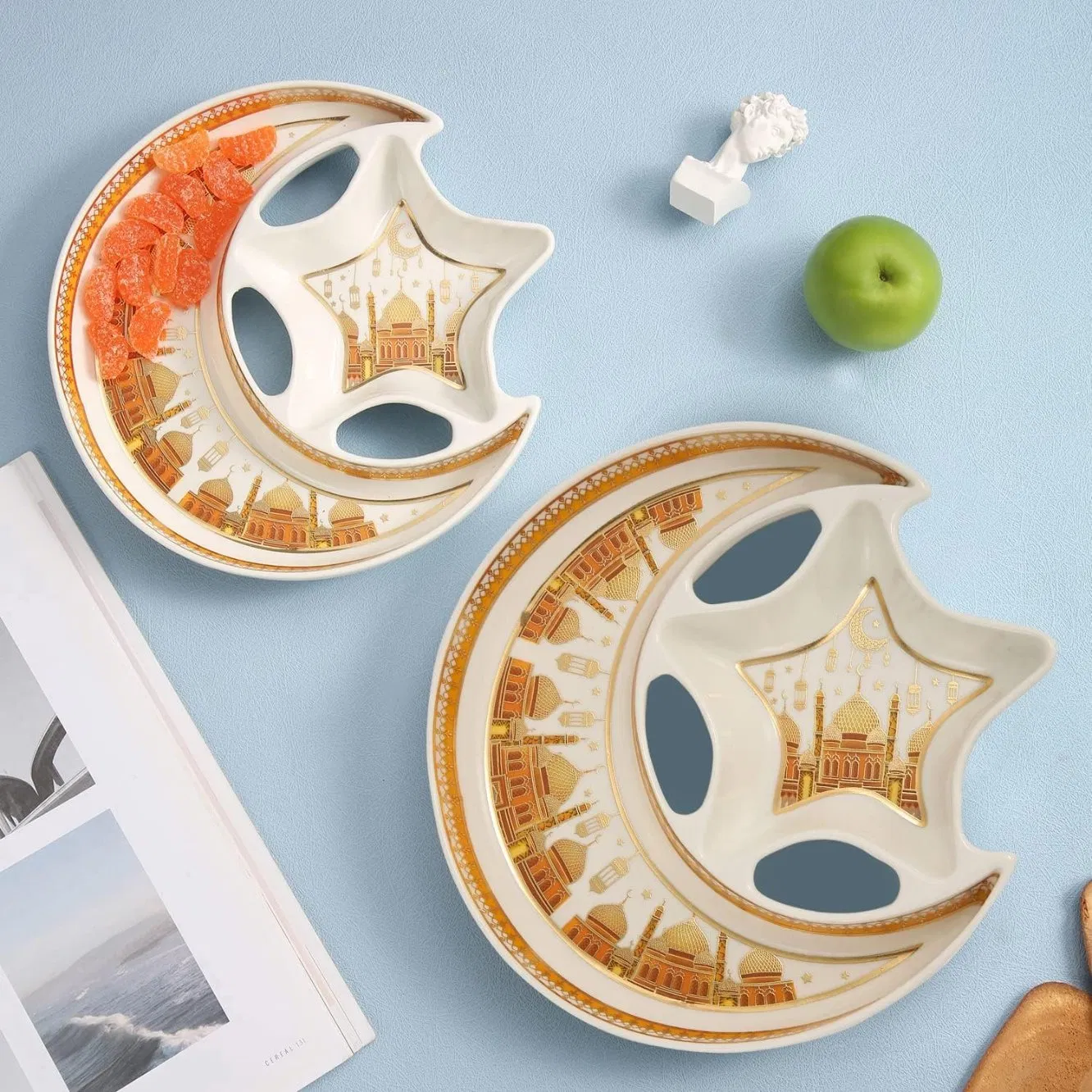 Ceramic Star Moon Shaped Serving Tray Eid Ramadan Plate, Dish Ramadan Kareem Decoration Tray Eid Mubarak Dessert Tray