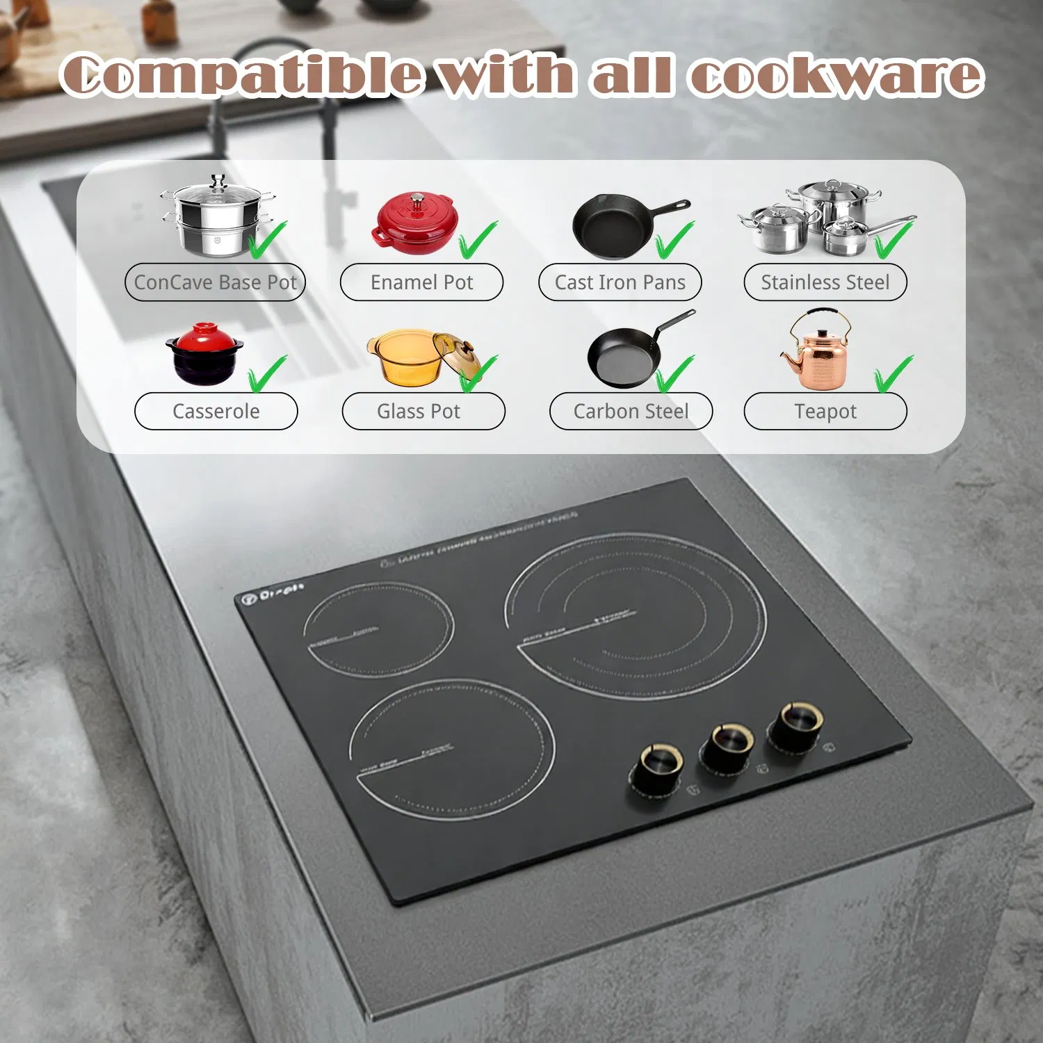 Electric Cooktop 24 Inch - 3 Burner Bulit-in Electric Ceramic Cooktop, Radiant Ceramic Stovetop with 9 Heating Level, 6000W 220-240V