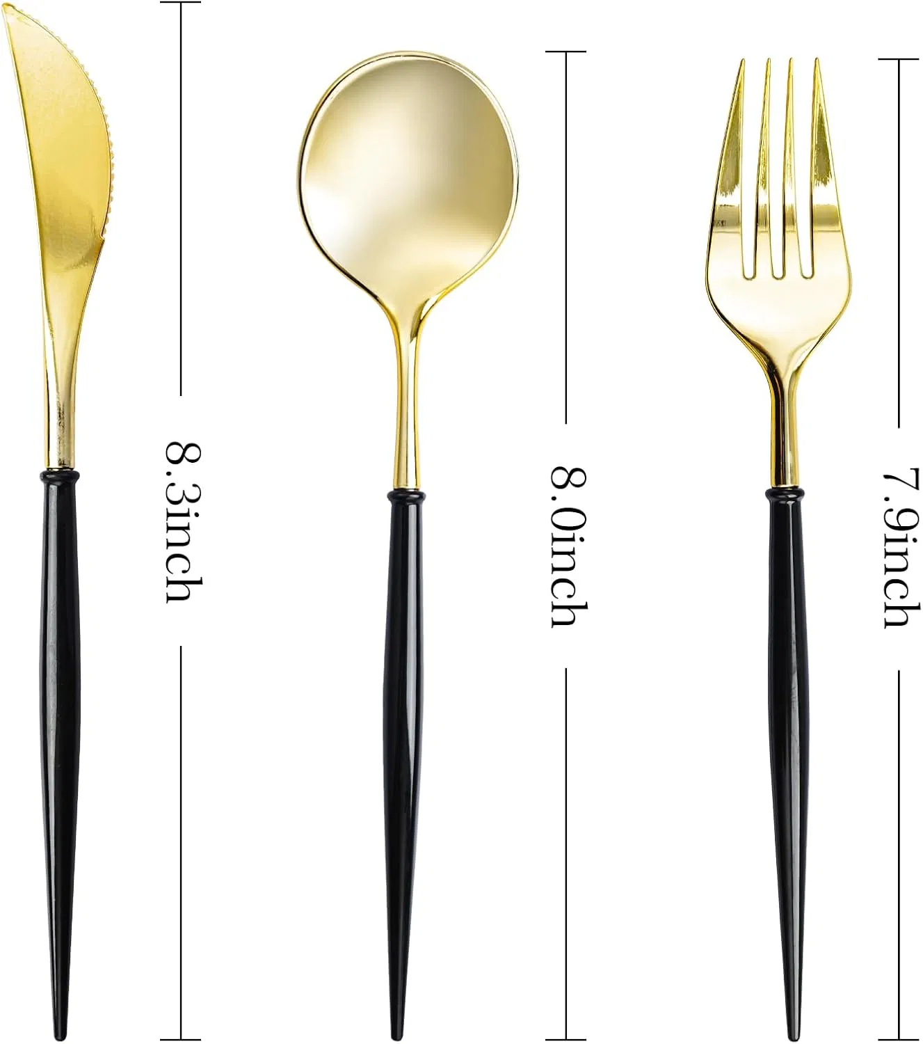 Gold Plastic Cutlery Set with Black Handle Fancy Plastic Silverware, Heavy Duty Spoons, Forks, Knives for Halloween and Everyday Use