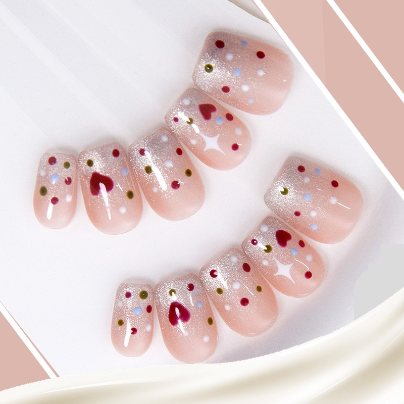 Sweet Pink Glitter Press-on Nails with Heart and Star Patterns