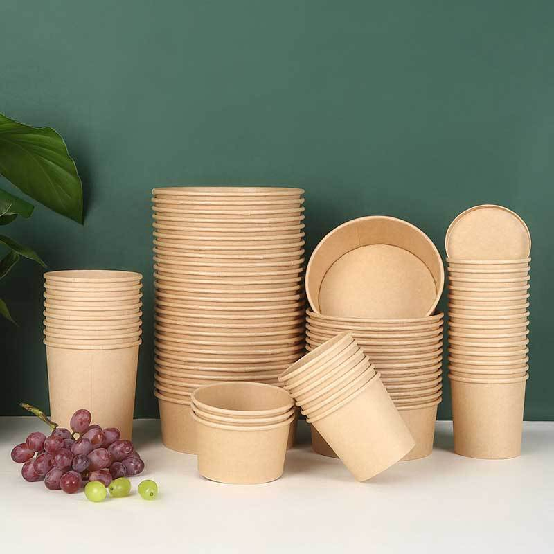 1000ml Disposable Salad Bowls with Pet Lid, Round Kraft Paper Bowl Takeaway