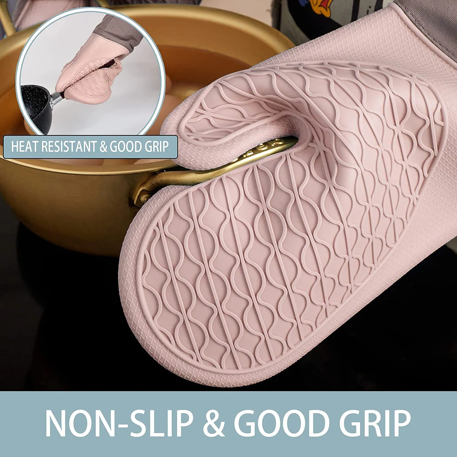 Silicone Oven Mitts and Pot Holders 5-Piece Waterproof for Cooking Baking BBQ,